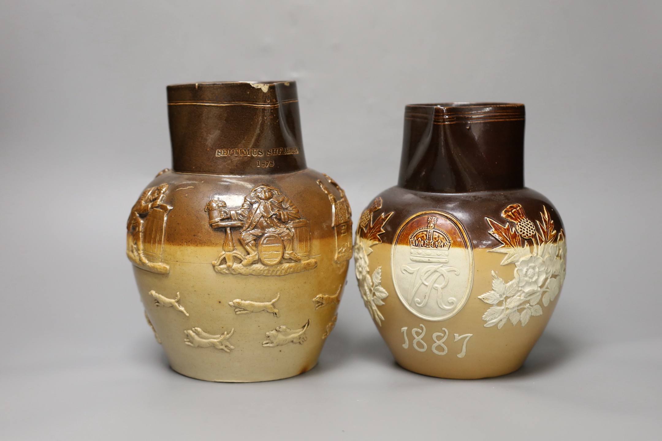 A Doulton Lambeth for John Mortlock & Co. commemorative stoneware jug and another stoneware jug impressed ‘Septimus Shearmur 1878’, tallest 22cm